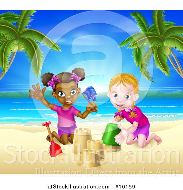 Vector Illustration of a Happy White and Black Girls Playing and Making Sand Castles on a Tropical Beach