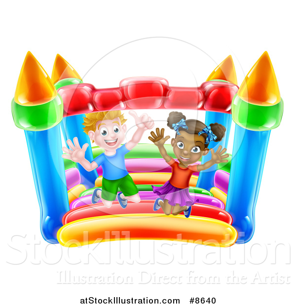 Vector Illustration of a Happy White Boy and Black Girl Jumping on a Bouncy House Castle