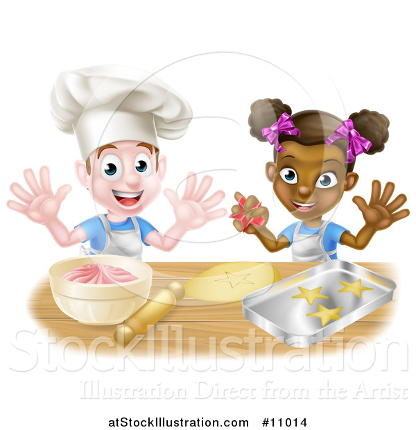Vector Illustration of a Happy White Boy and Black Girl Making Making Star Cookies and Frosting