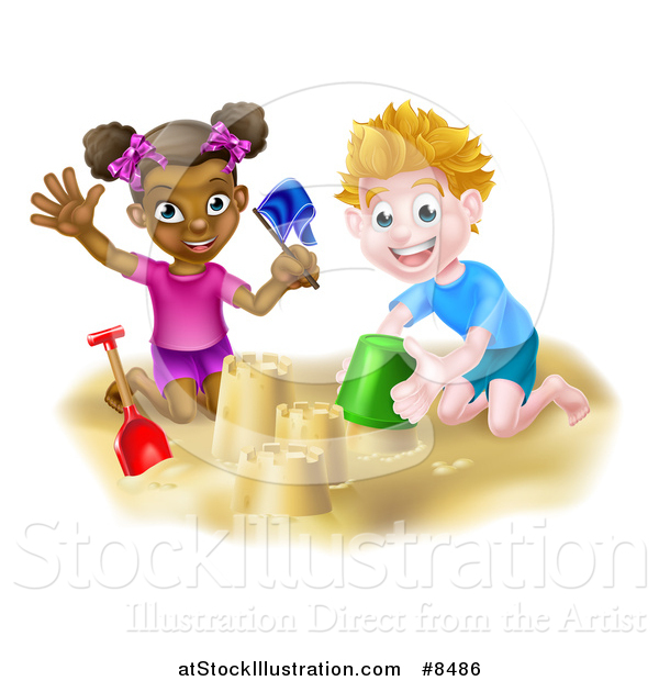 Vector Illustration of a Happy White Boy and Black Girl Playing and Making Sand Castles on a Beach