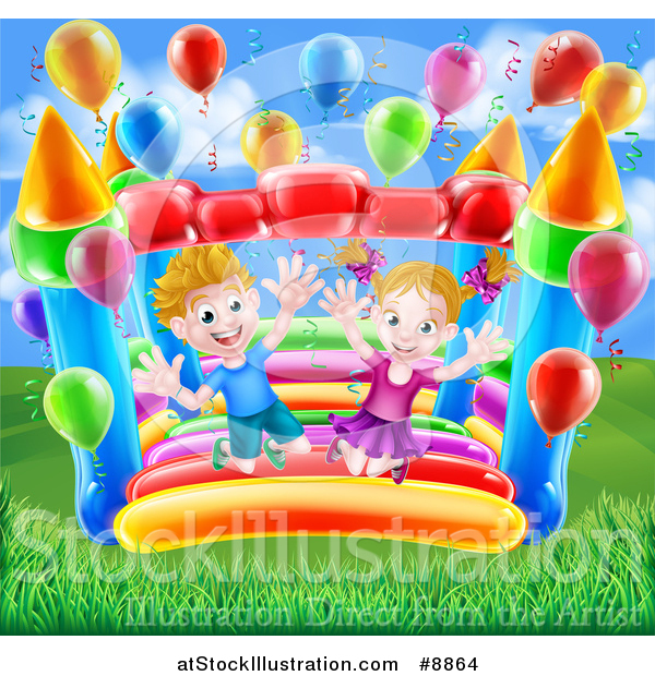 Vector Illustration of a Happy White Boy and Girl Jumping on a Bouncy House Castle in a Park, with Party Balloons