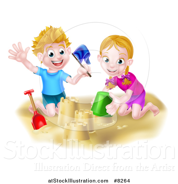 Vector Illustration of a Happy White Boy and Girl Playing and Making Sand Castles on a Beach