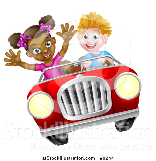 Vector Illustration of a Happy White Boy Driving a Black Girl and Catching Air in a Convertible Car