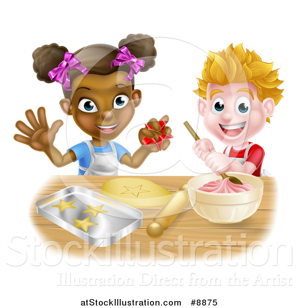 Vector Illustration of a Happy White Boy Making Frosting and Black Girl Making Star Cookies