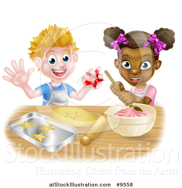 Vector Illustration of a Happy White Boy Making Making Star Cookies and Black Girl Making Frosting