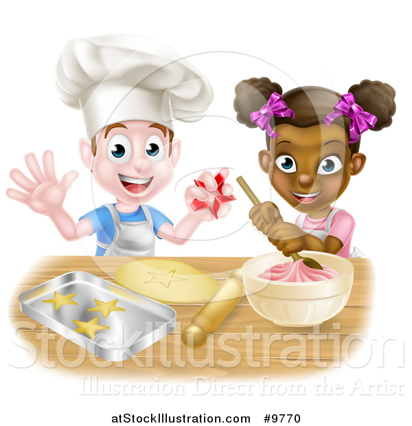 Vector Illustration of a Happy White Boy Making Making Star Cookies and Black Girl Making Frosting