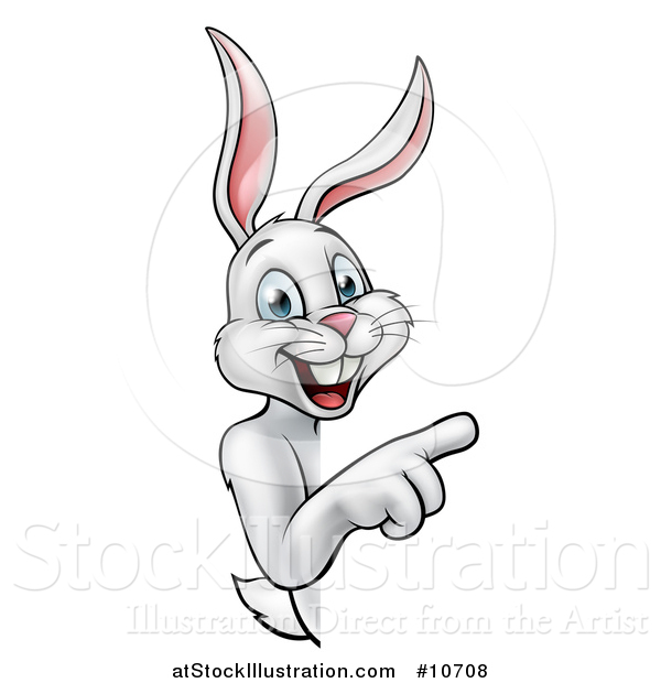Vector Illustration of a Happy White Bunny Rabbit Pointing Around a Sign