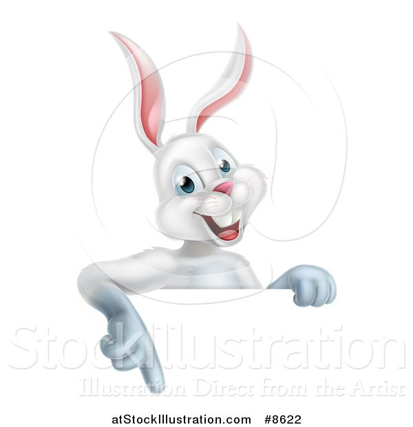 Vector Illustration of a Happy White Bunny Rabbit Pointing down over a Sign