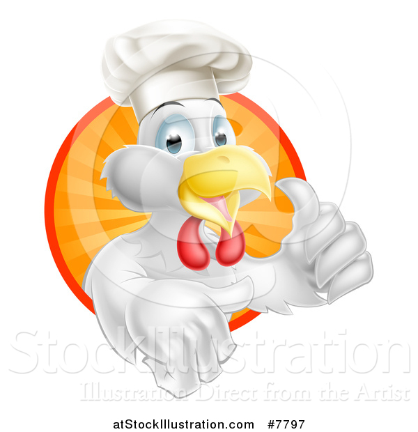 Vector Illustration of a Happy White Chef Chicken Giving a Thumb up and Emerging from a Circle of Sun Rays