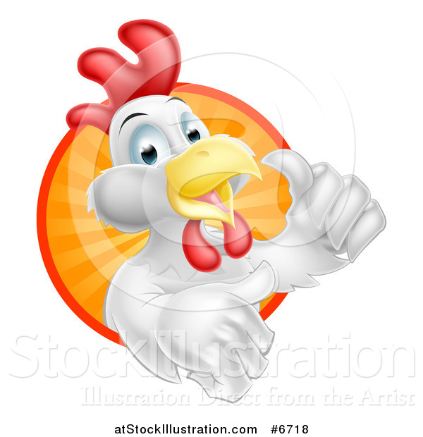 Vector Illustration of a Happy White Chicken Rooster Holding a Thumb up and Emerging from a Sunshine Circle