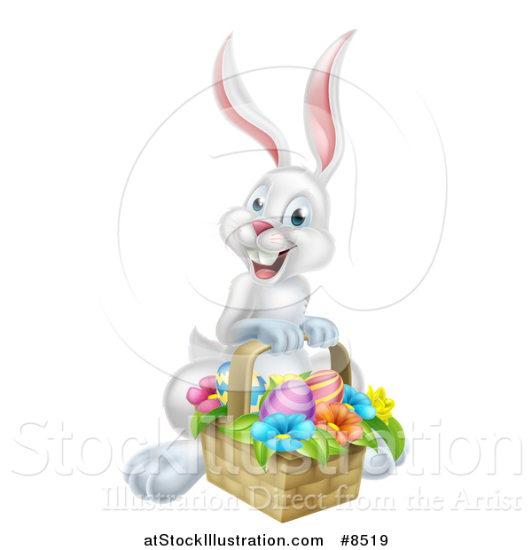 Vector Illustration of a Happy White Easter Bunny Rabbit with a Basket of Eggs and Flowers