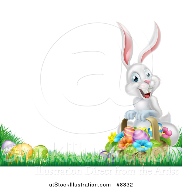 Vector Illustration of a Happy White Easter Bunny with a Basket of Eggs and Flowers in the Grass, with Text Space