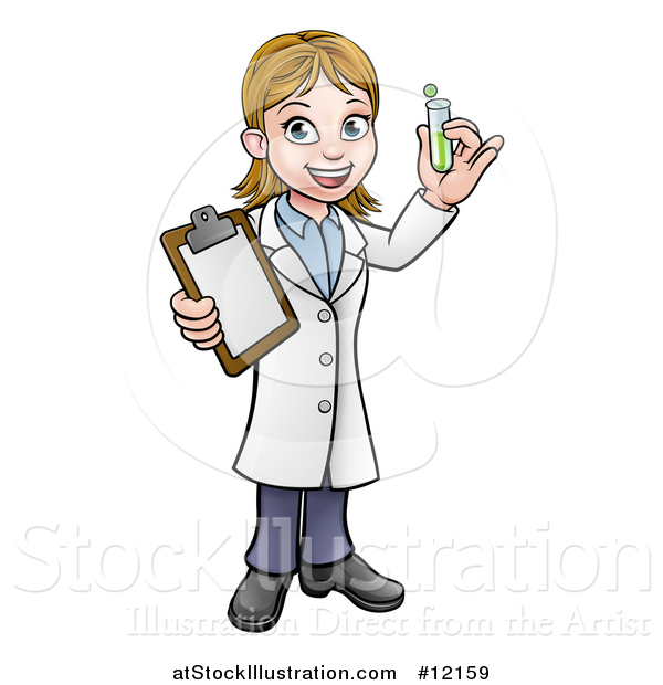 Vector Illustration of a Happy White Female Scientist Holding a Test Tube and Clipboard