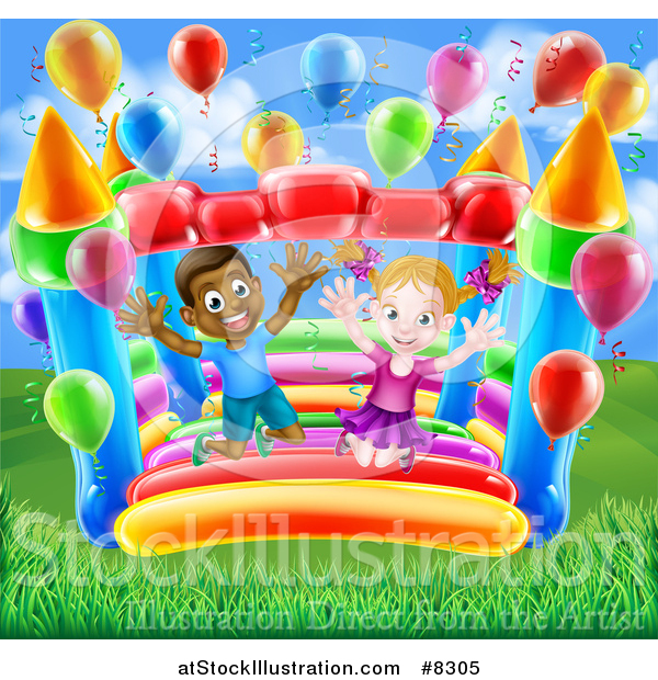Vector Illustration of a Happy White Girl and Black Boy Jumping on a Bouncy House Castle at a Party