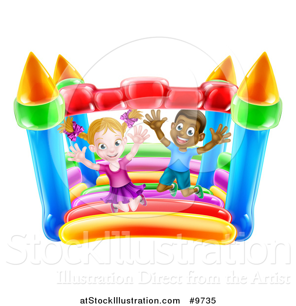 Vector Illustration of a Happy White Girl and Black Boy Jumping on a Bouncy House Castle