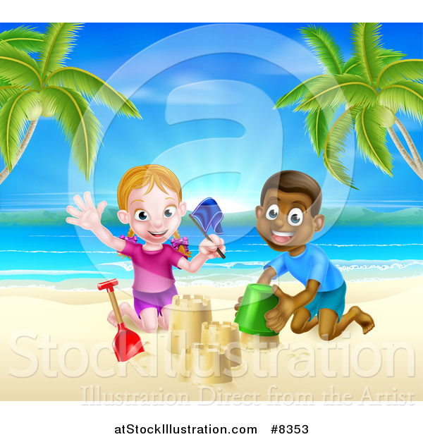 Vector Illustration of a Happy White Girl and Black Boy Playing and Making Sand Castles on a Tropical Beach