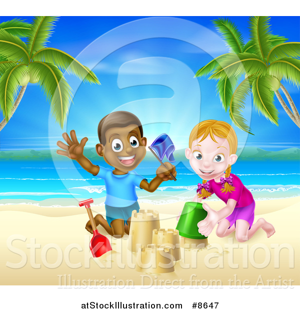 Vector Illustration of a Happy White Girl and Black Boy Playing and Making Sand Castles on a Tropical Beach