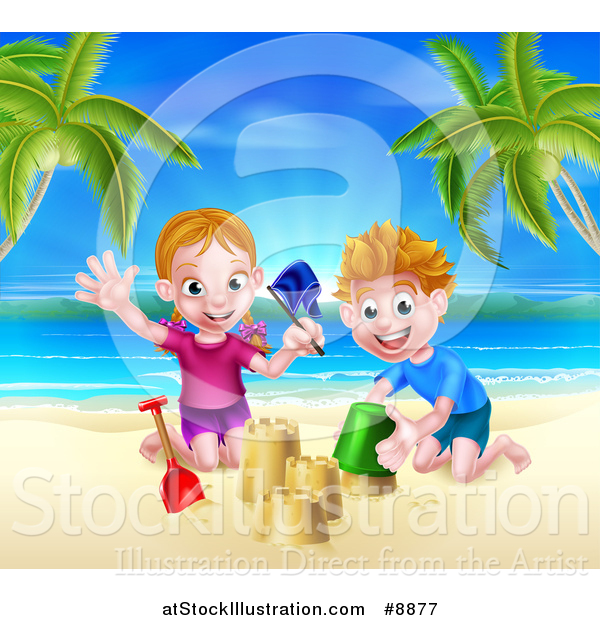 Vector Illustration of a Happy White Girl and Boy Playing and Making Sand Castles on a Tropical Beach