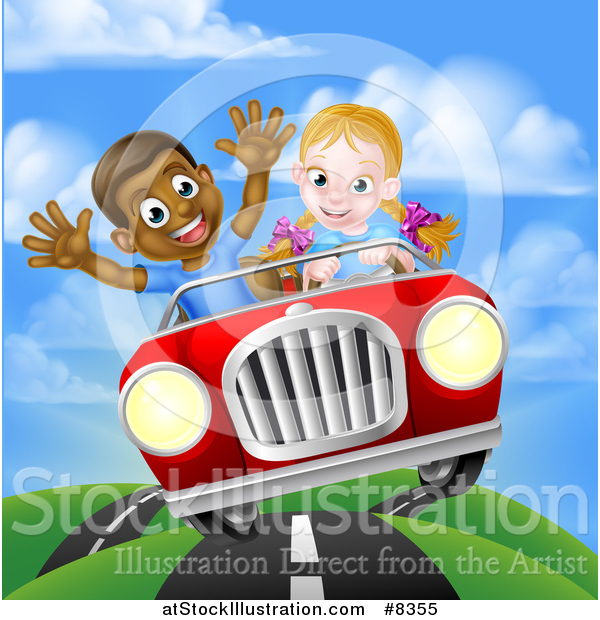 Vector Illustration of a Happy White Girl Driving a Red Convertible Car and a Black Boy Holding His Arms up in the Passenger Seat As They Catch Air