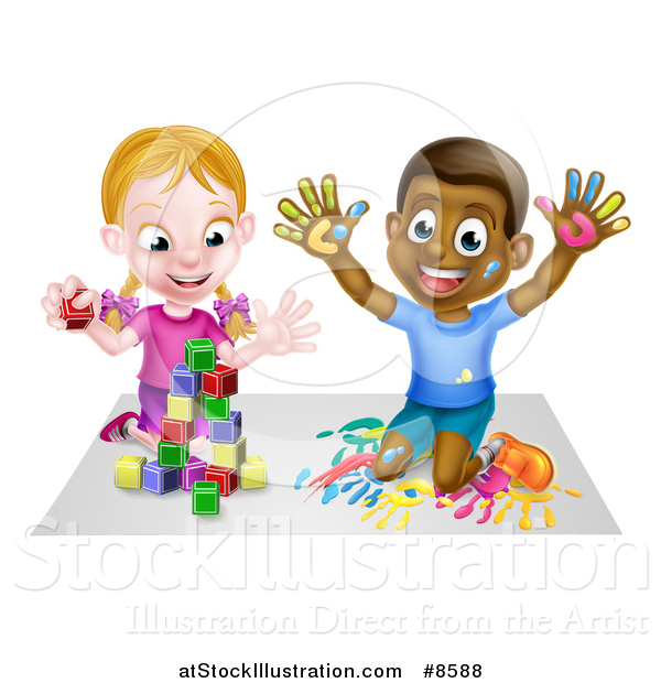 Vector Illustration of a Happy White Girl Playing with Toy Blocks and a Black Boy Hand Painting