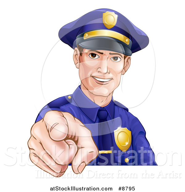 Vector Illustration of a Happy White Male Police Officer Pointing Outwards