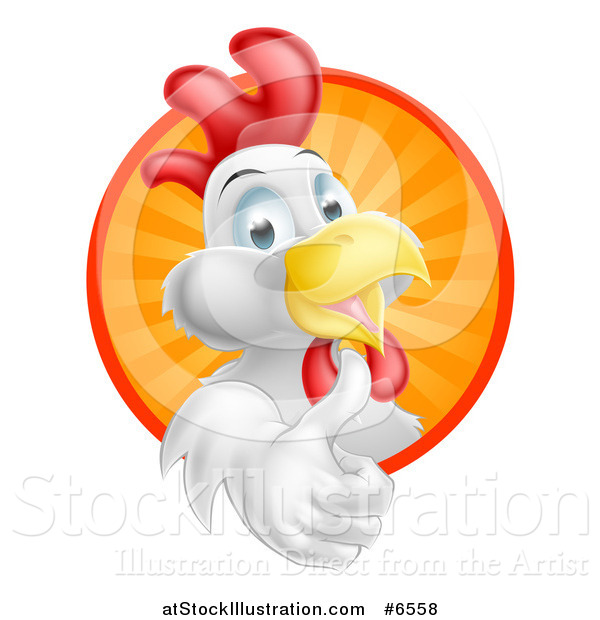 Vector Illustration of a Happy White Rooster Holding a Thumb up and Emerging from a Sunshine Circle