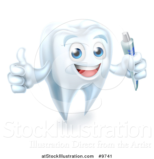 Vector Illustration of a Happy White Tooth Character Holding a Tube of Toothpaste and Giving a Thumb up