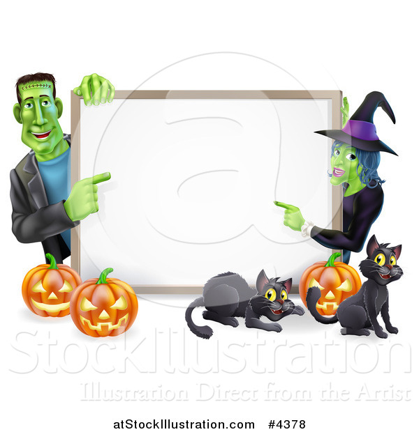 Vector Illustration of a Happy Witch and Frankenstein Pointing to a White Board Sign over Pumpkins and Black Cats