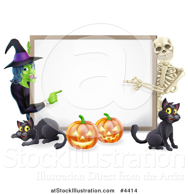 Vector Illustration of a Happy Witch Skeleton Pumpkins and Black Cats Around a Blank Sign