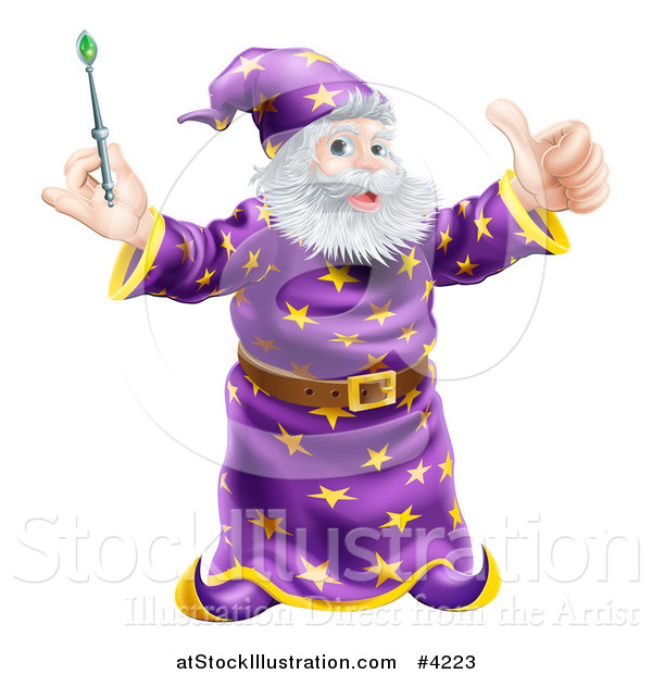 Vector Illustration of a Happy Wizard Holding a Green Wand and a Thumb up