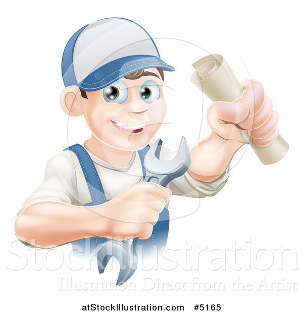 Vector Illustration of a Happy Worker Graduate Holding a Wrench and Certificate