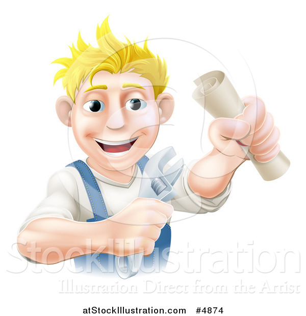 Vector Illustration of a Happy Worker Man Holding a Spanner Wrench and Degree