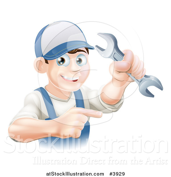 Vector Illustration of a Happy Worker Man Holding a Wrench and Pointing