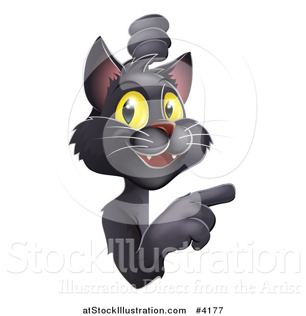 Vector Illustration of a Happy Yellow Eyed Black Cat Looking Around and Pointing at a Sign