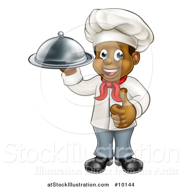 Vector Illustration of a Happy Young Black Male Chef Holding a Cloche Platter and Giving a Thumb up