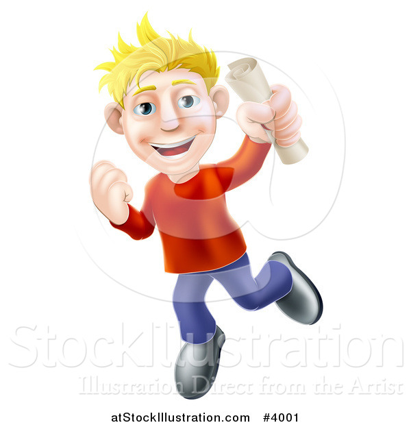 Vector Illustration of a Happy Young Blond Man Jumping with a Scroll in Hand