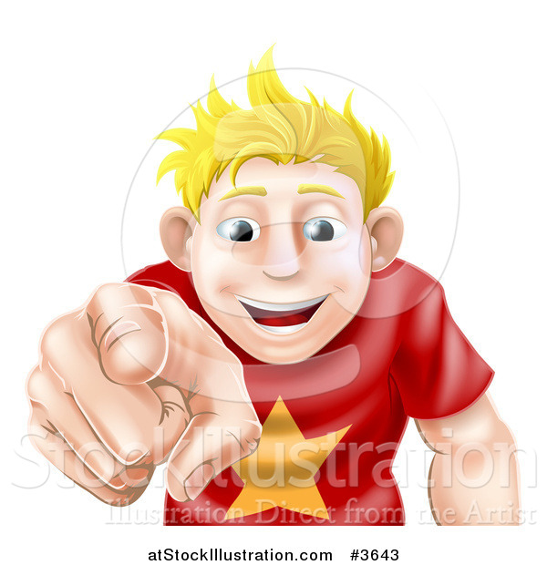 Vector Illustration of a Happy Young Blond Man Pointing Outwards