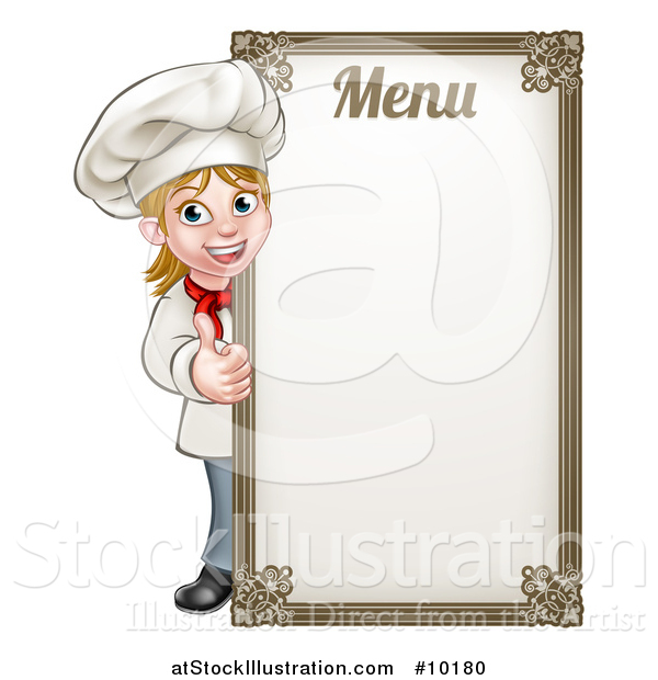 Vector Illustration of a Happy Young Blond White Female Chef Giving a Thumb up Around a Menu Board