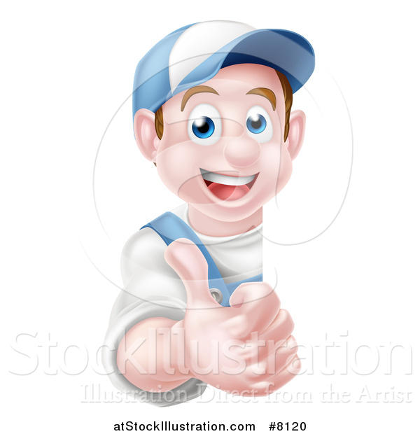 Vector Illustration of a Happy Young Brunette Caucasian Mechanic Man in Blue, Wearing a Baseball Cap, Giving a Thumb up Around a Sign