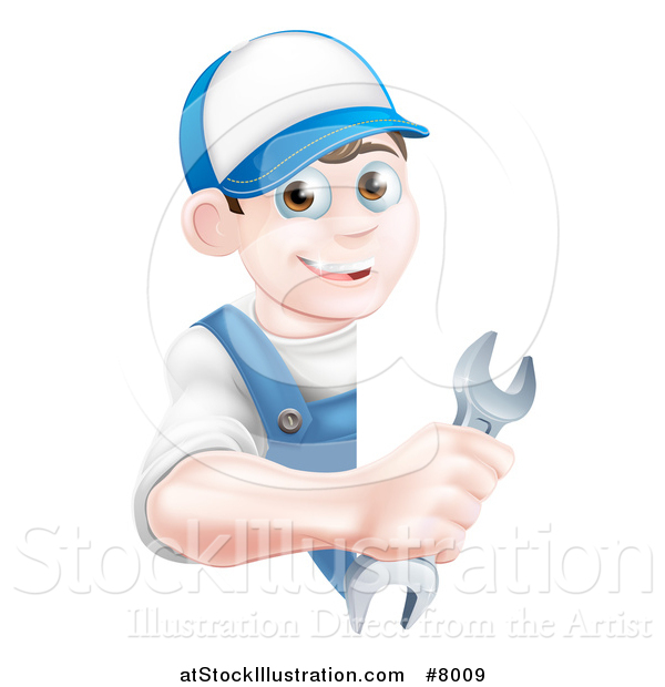 Vector Illustration of a Happy Young Brunette Caucasian Mechanic Man in Blue, Wearing a Baseball Cap, Holding a Wrench Around a Sign