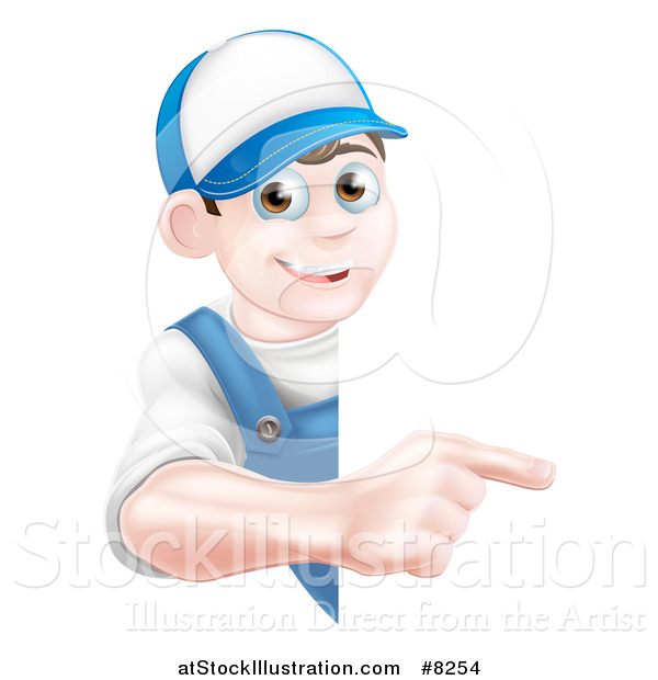 Vector Illustration of a Happy Young Brunette Caucasian Mechanic Man in Blue, Wearing a Baseball Cap, Pointing Around a Sign