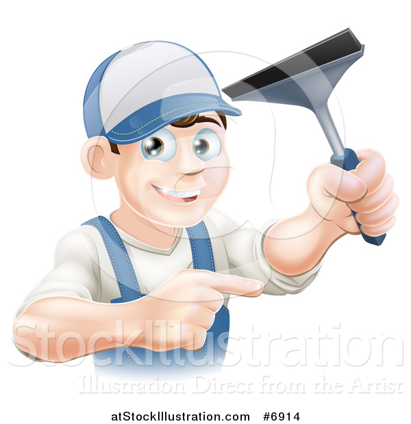Vector Illustration of a Happy Young Brunette Caucasian Window Cleaner Man Holding a Squeegee and Pointing