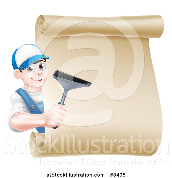 Vector Illustration of a Happy Young Brunette Caucasian Window Cleaner Man Holding a Squeegee Around a Scroll Sign