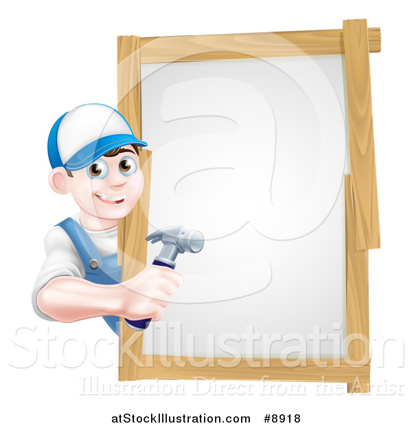Vector Illustration of a Happy Young Brunette Caucasian Worker Man Holding a Hammer Around a Sign