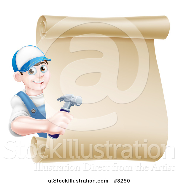 Vector Illustration of a Happy Young Brunette Caucasian Worker Man Wearing a Baseball Cap, Holding a Hammer and Looking Around a Scroll Sign