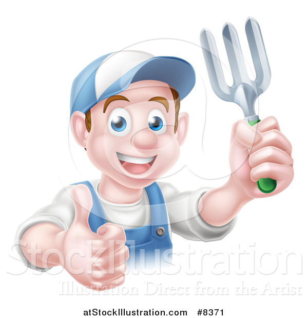 Vector Illustration of a Happy Young Brunette White Male Gardener in Blue, Holding a Garden Fork and Thumb up over a Sign