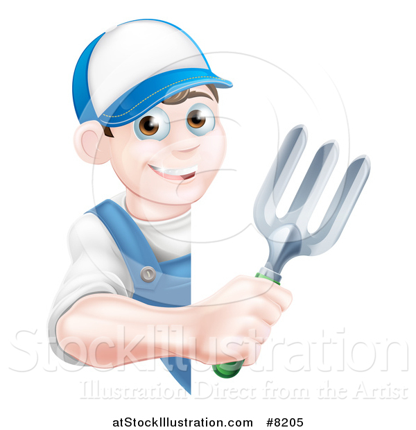 Vector Illustration of a Happy Young Brunette White Male Gardener in Blue, Holding a Garden Fork Around a Sign