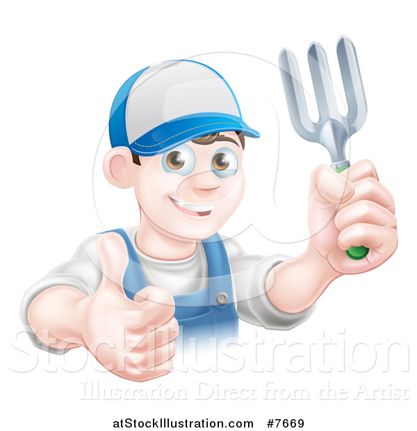 Vector Illustration of a Happy Young Brunette White Male Gardener in Blue, Holding up a Garden Fork and Thumb