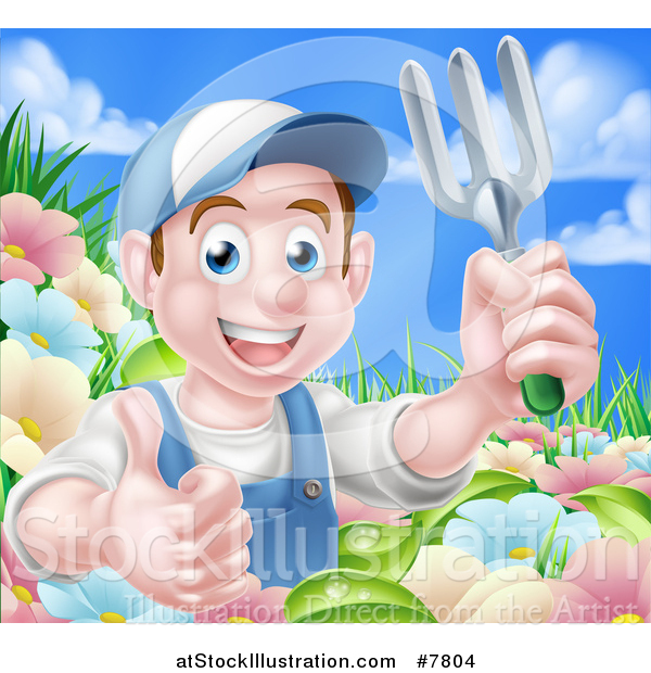 Vector Illustration of a Happy Young Brunette White Male Gardener in Blue, Holding up a Garden Fork and Thumb in a Flower Garden