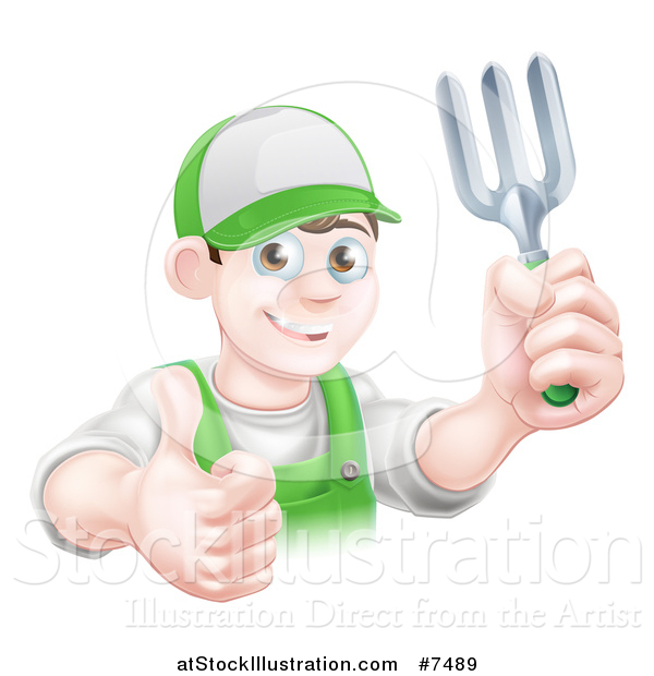 Vector Illustration of a Happy Young Brunette White Male Gardener in Green, Holding up a Garden Fork and Thumb